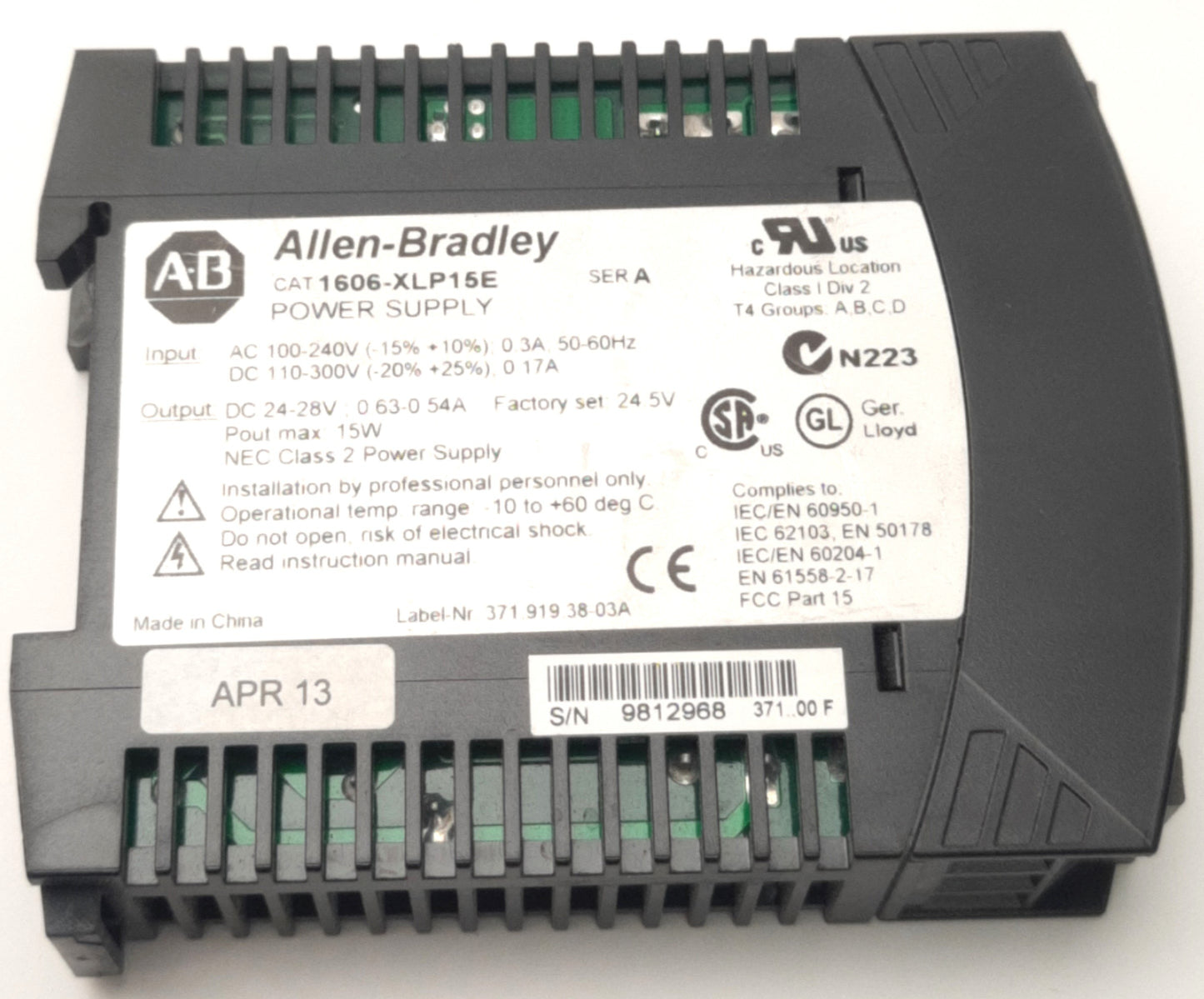 Used Allen Bradley 1606-XLP15E Power Supply 24VDC .63A 15W Output, 100-240VAC Input