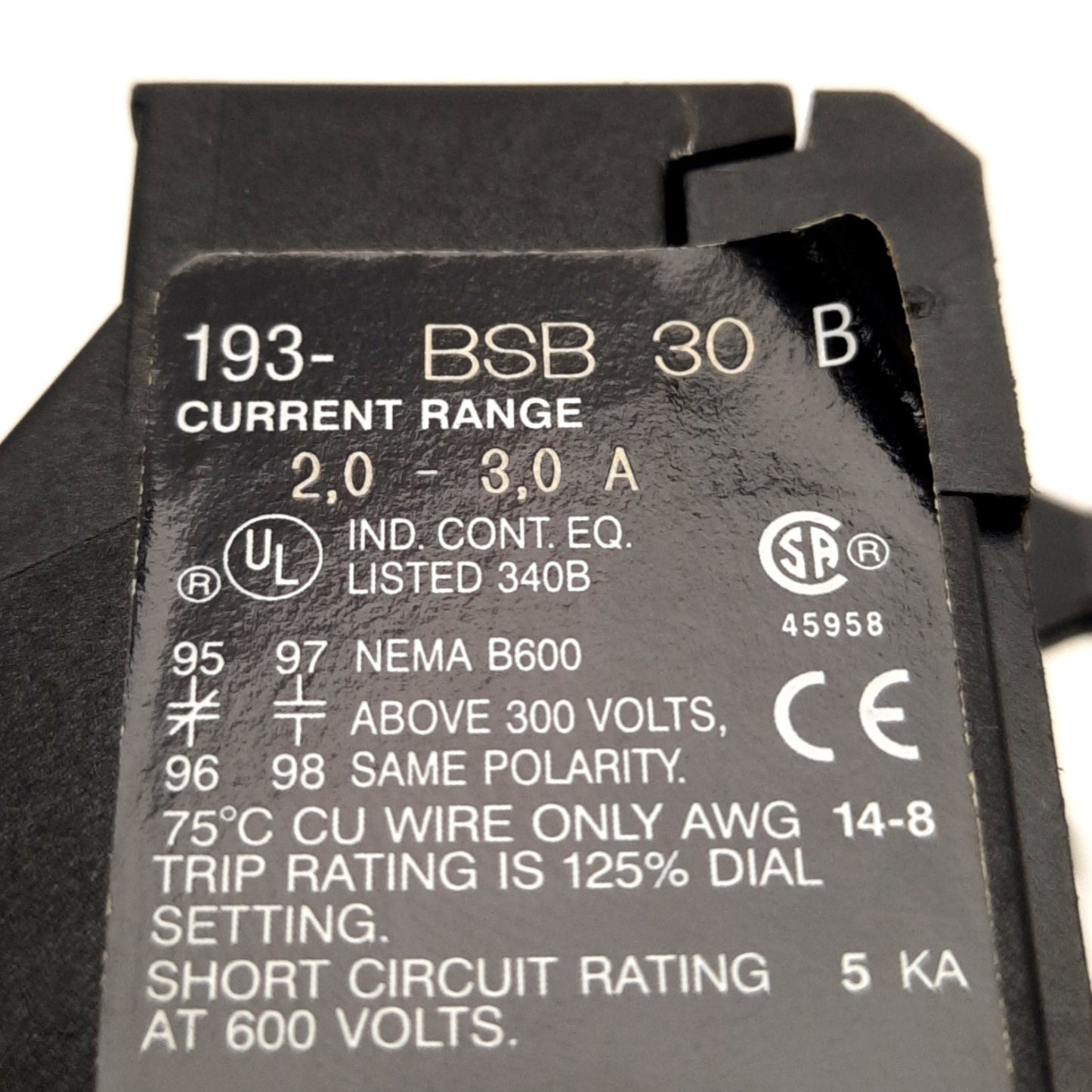Used Allen-Bradley 193-BSB 30 B Overload Relay, 2-3 Amp Range, 600V, 10A Max