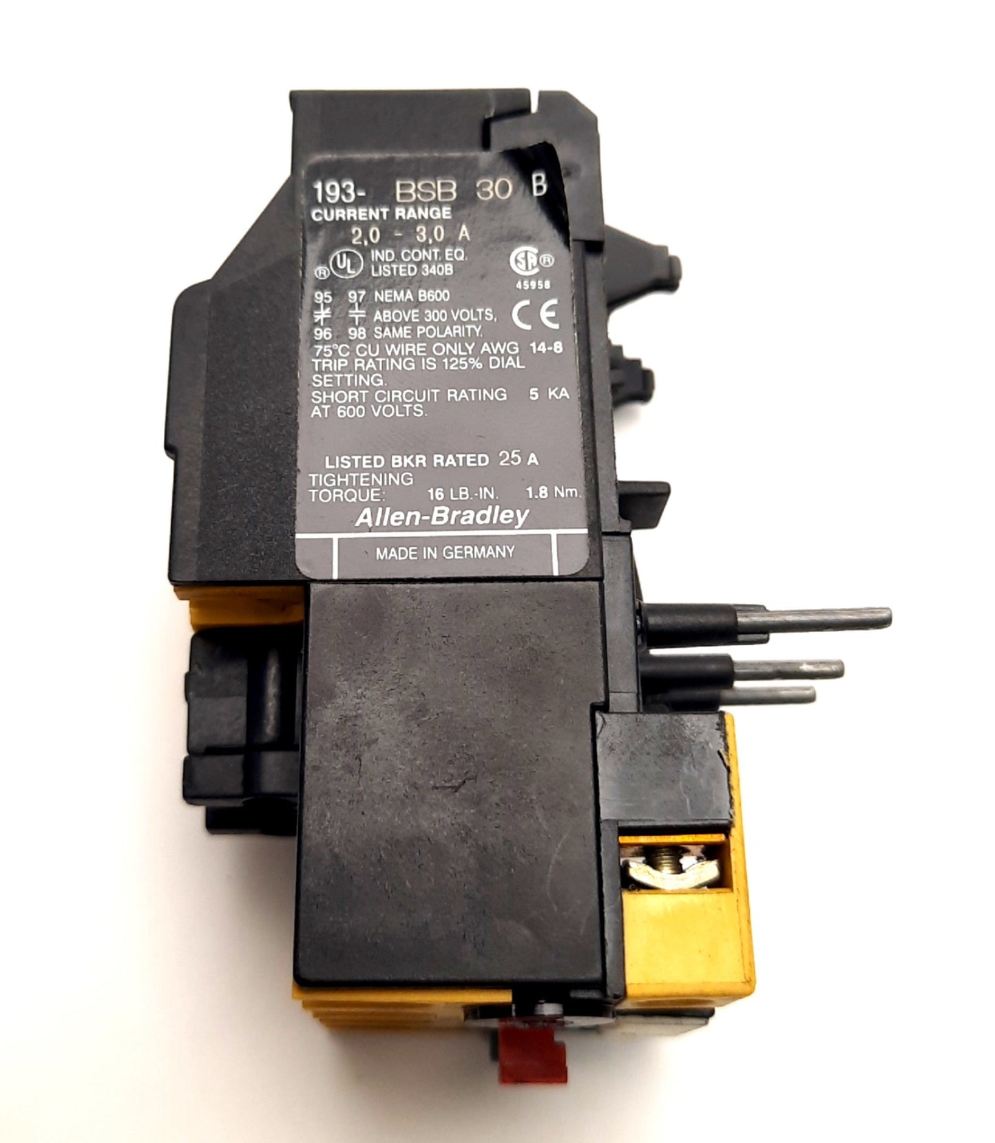 Used Allen-Bradley 193-BSB 30 B Overload Relay, 2-3 Amp Range, 600V, 10A Max