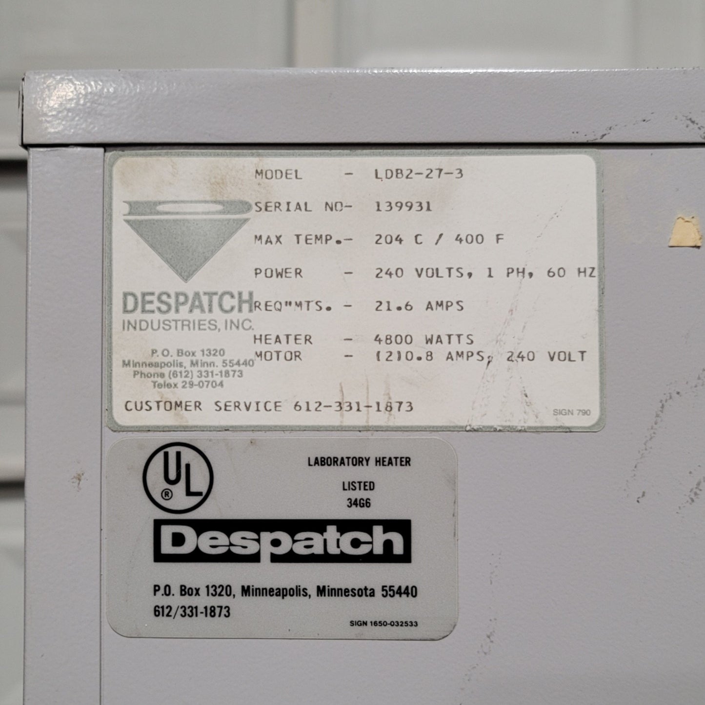 Used Despatch LDB2-27-3 Large Forced Convection Bench-Top Oven 240VAC 1Ph 204°C/400°F