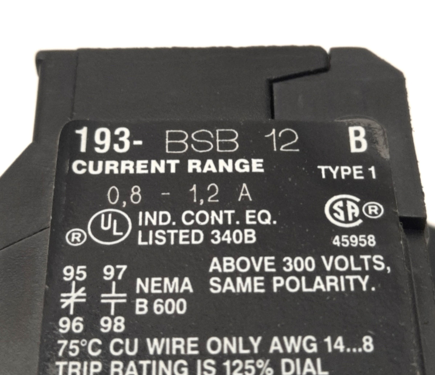Used Allen-Bradley 193-BSB 12 B Overload Relay, 0.8-1.2 Amp Range, 600V, 4A Max