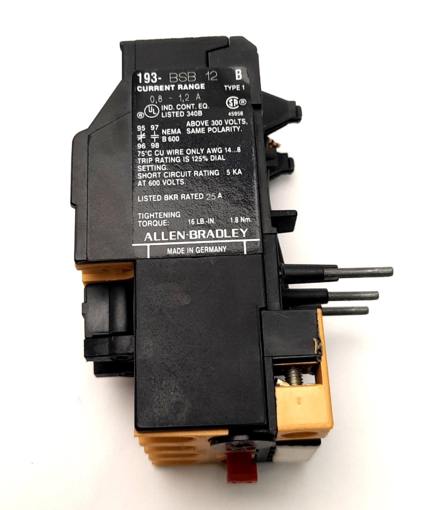 Used Allen-Bradley 193-BSB 12 B Overload Relay, 0.8-1.2 Amp Range, 600V, 4A Max