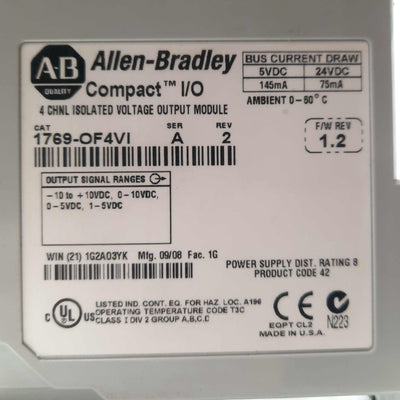 Used Allen Bradley 1762-OF4VI Ser A Rev 2 Isolated Analog Output Module, 4pt, ±10VDC