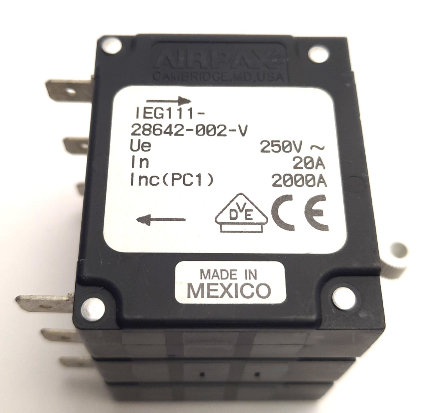 Used Airpax IEG111-28642-002-V Sensata Circuit Breaker, 250V AC 20A, 2 Poles, 2kA