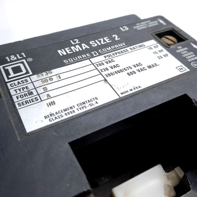Used Square D 8536SD01 Starter 600V AC Max, 25HP @ 575v AC, NEMA Size 2*No Coil*
