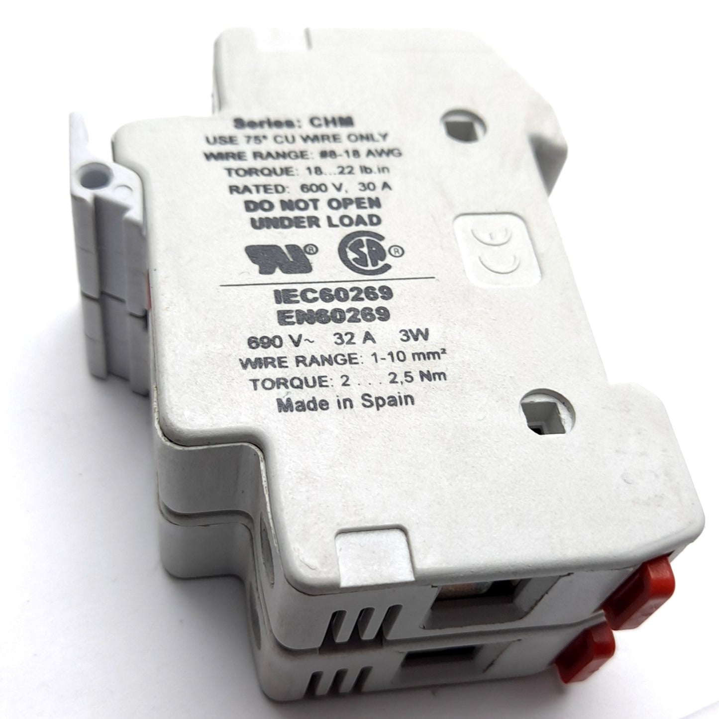 Used Bussmann CHM2DI Fuse Holder, Two-Poles, 10x38, 600V 30A, Class CC, DIN Rail