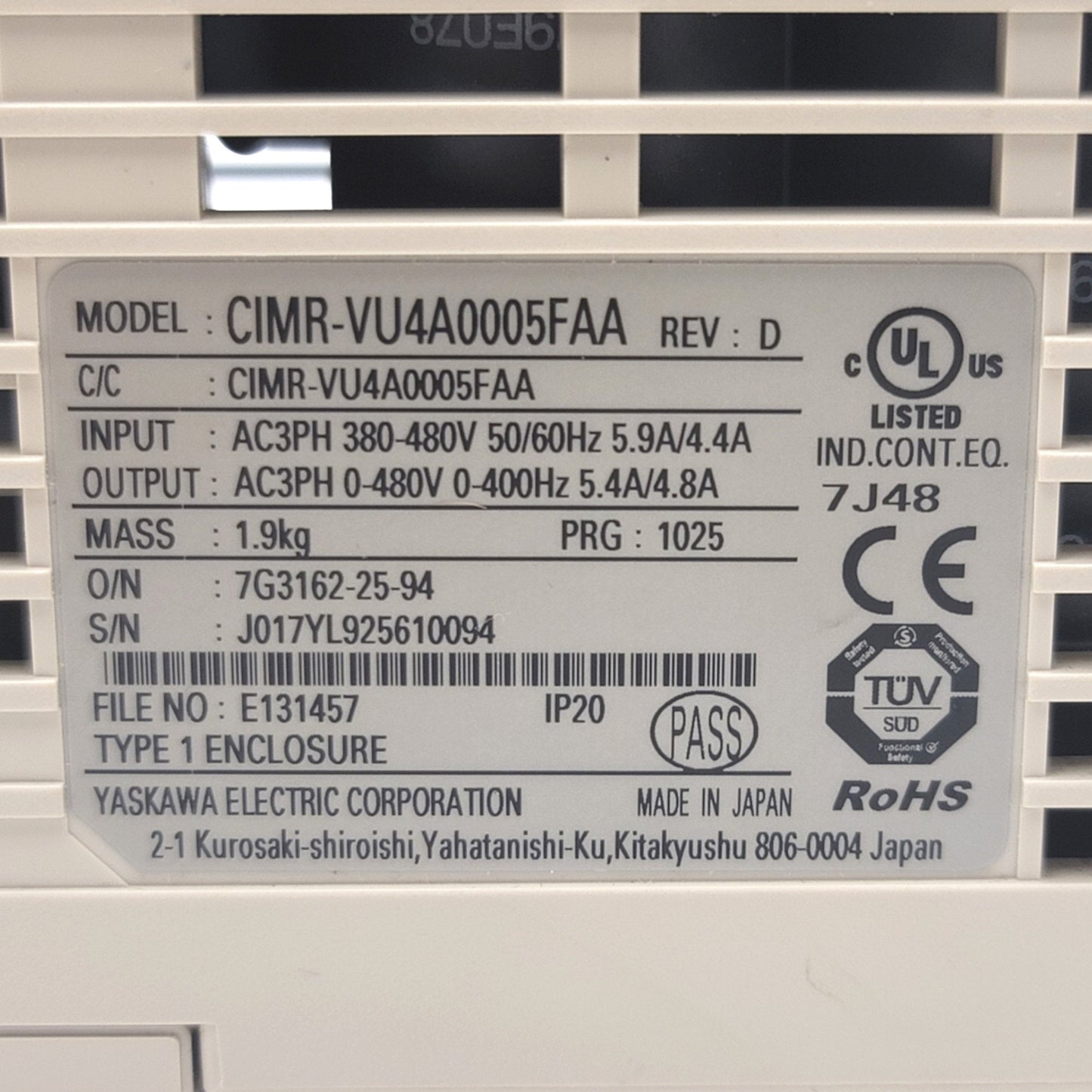 Used Yaskawa CIMR-VU4A0005FAA Variable Frequency Drive 3HP, 380-480VAC, 5.9A, 0-400Hz