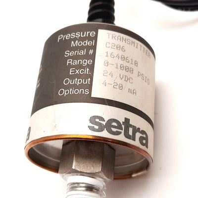 Used Setra C206 Pressure Transmitter, 0-1000psi, In: 24VDC, Out: 4-20mA, 1/4" NPT