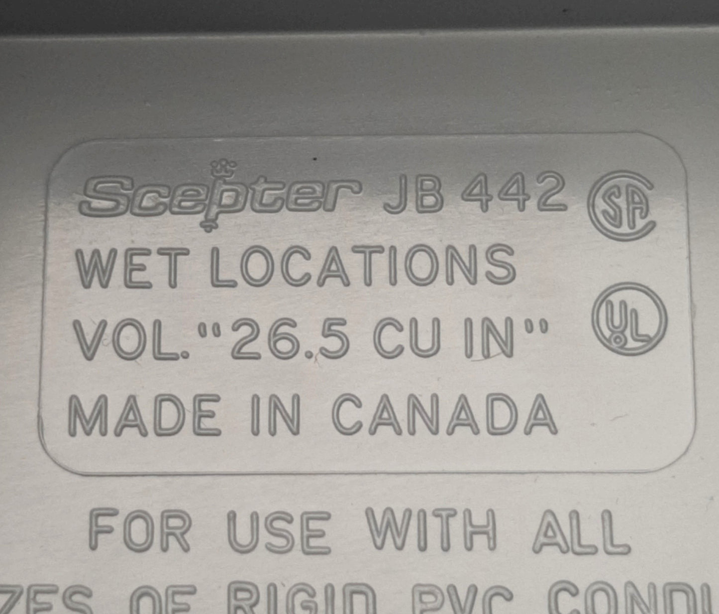 Used Scepter JB442 Wet Location Junction Box w/ Feet 2"x4"x4", PVC, 077659