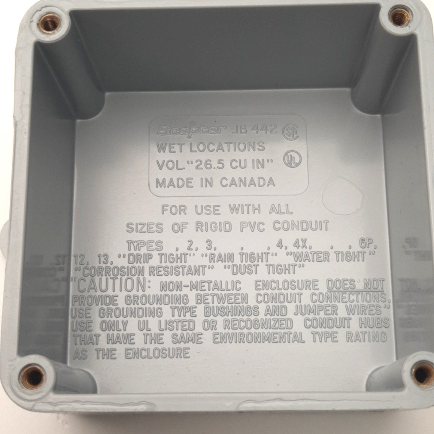 Used Scepter JB442 Wet Location Junction Box w/ Feet 2"x4"x4", PVC, 077659