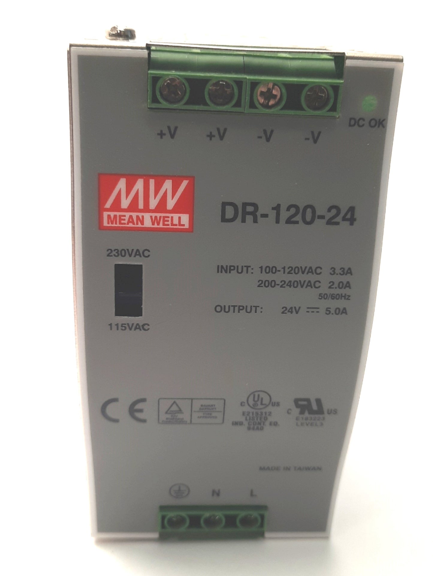 Used Mean Well DR-120-24 AC/DC Power Supply 115/230v AC Input, 24v DC 120W Output