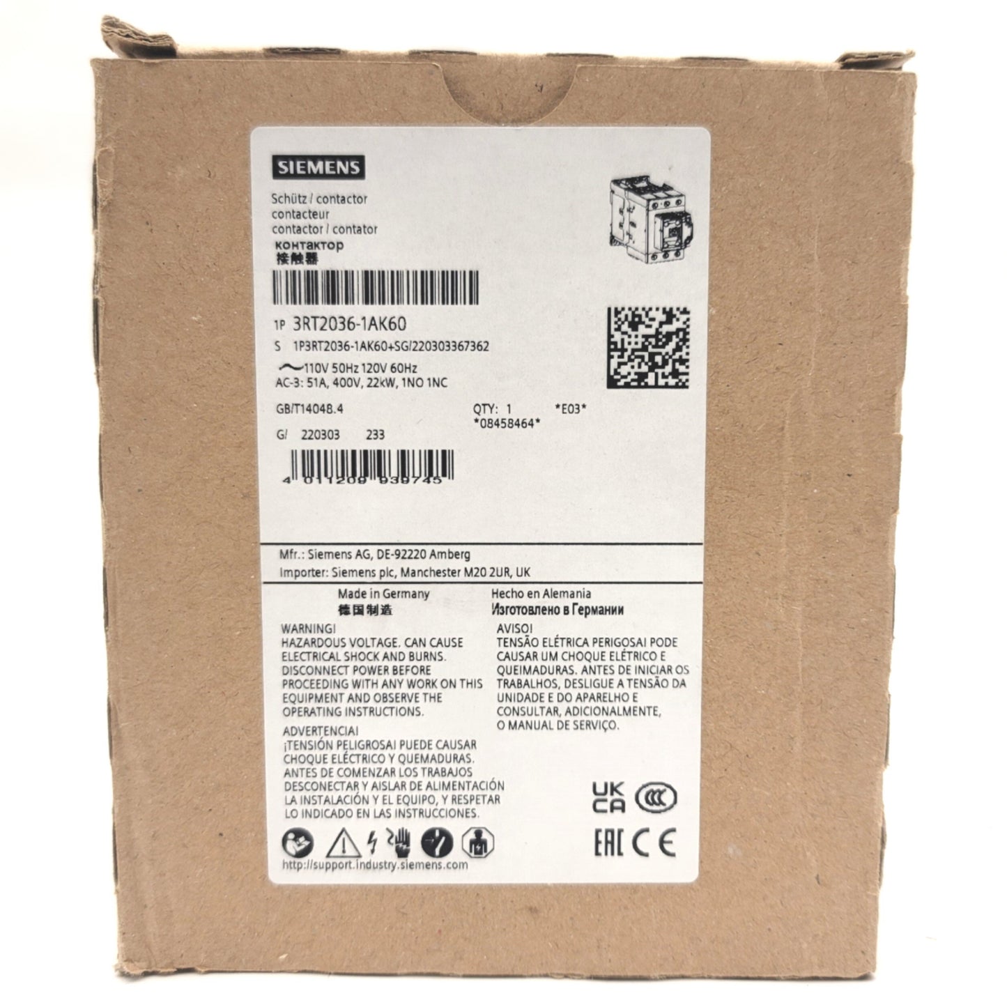 New Siemens 3RT2036-1AK60 SIRIUS 3-Pole Contactor 120VAC Coil, 50A, 50HP, 690VAC