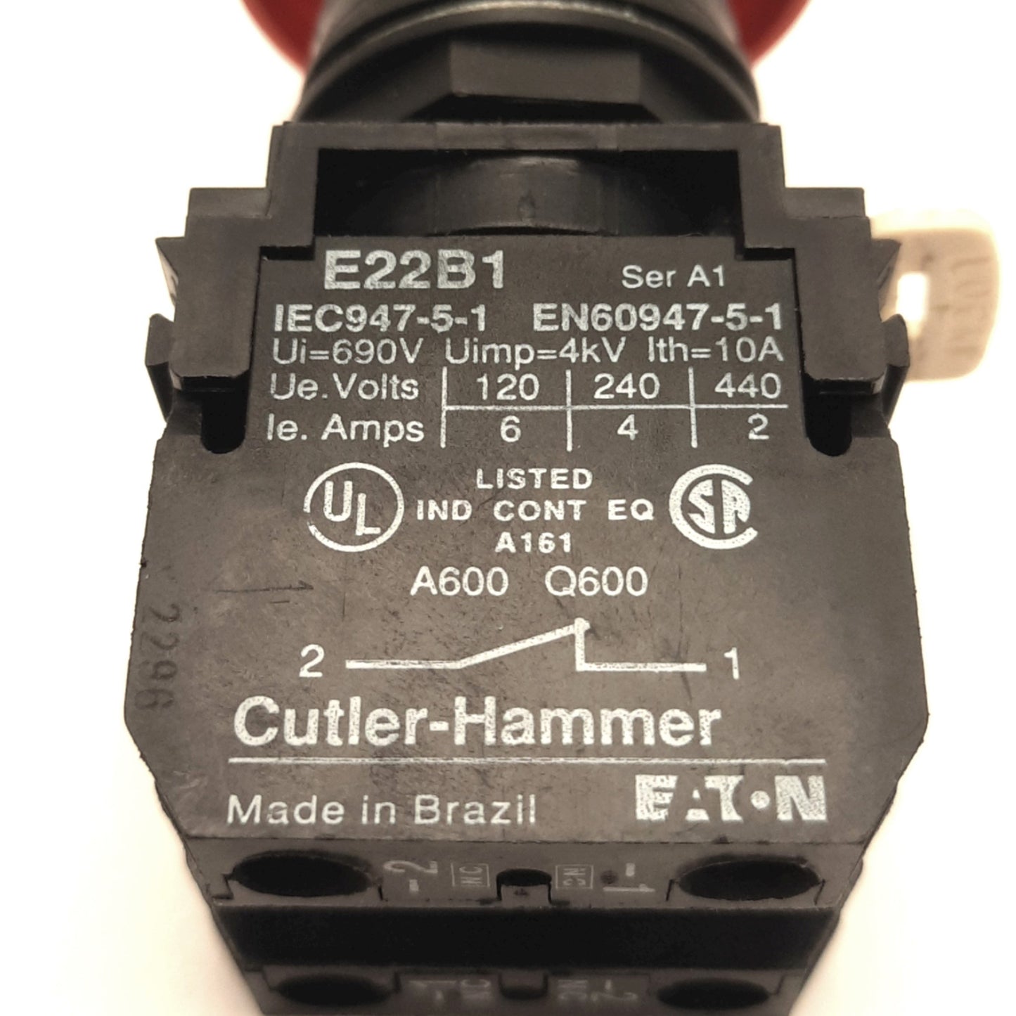 Used Eaton E22LLB2 Push/Twist To Release Operator, Red, 2NC, 40mm Dia, 22.5mm, E22B1