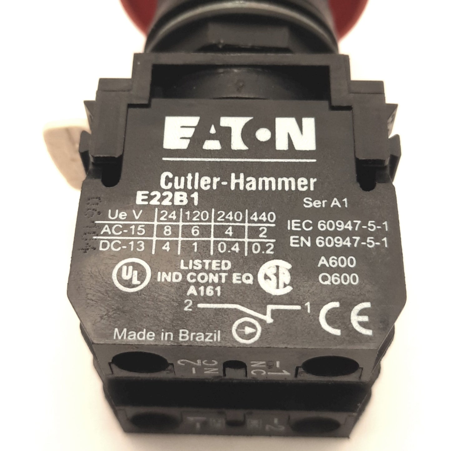 Used Eaton E22LLB2 Push/Twist To Release Operator, Red, 2NC, 40mm Dia, 22.5mm, E22B1