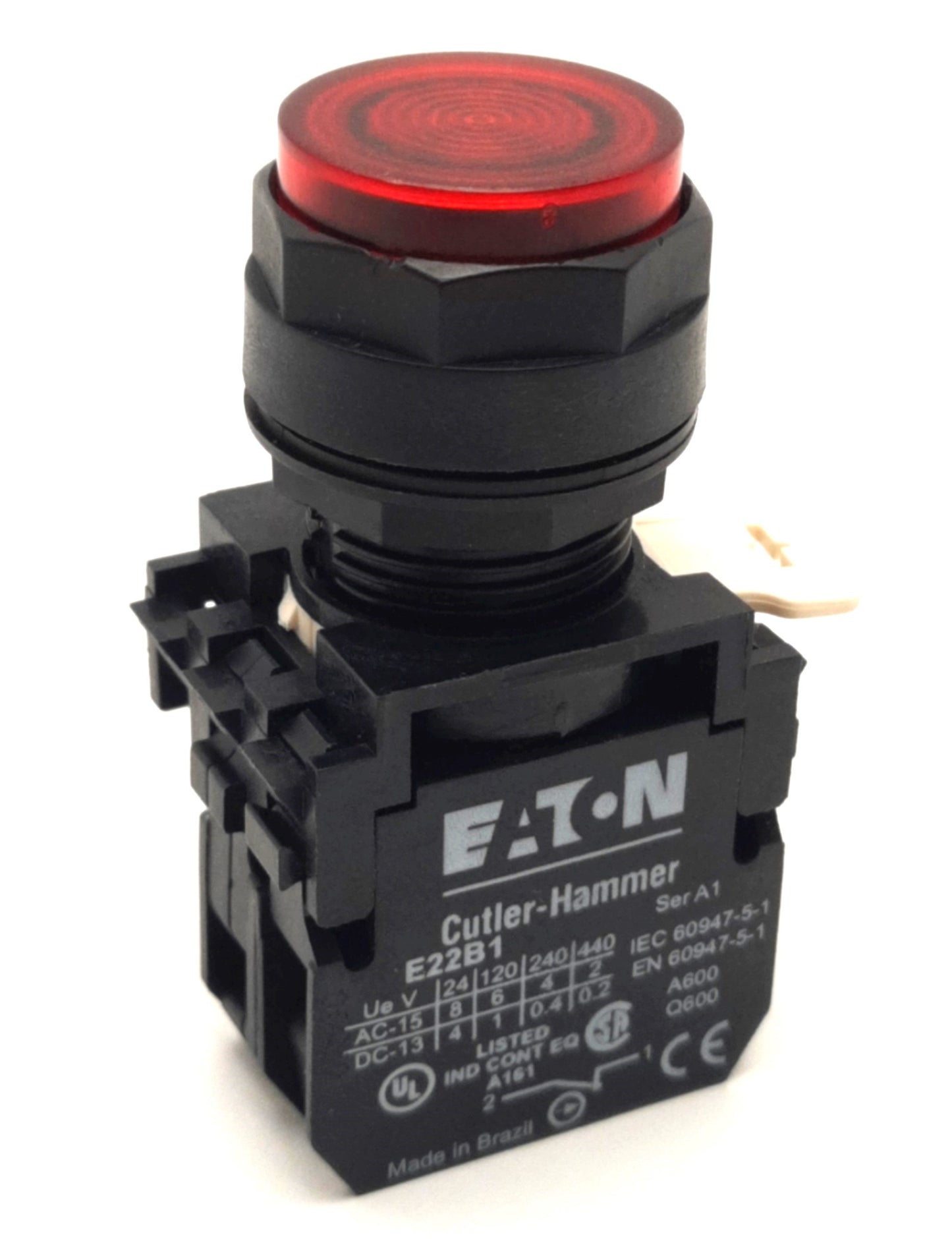 Used Eaton E22EB2 Illuminated Pushbutton With 1 NC Contact, Red, Momentary, 600v 10A
