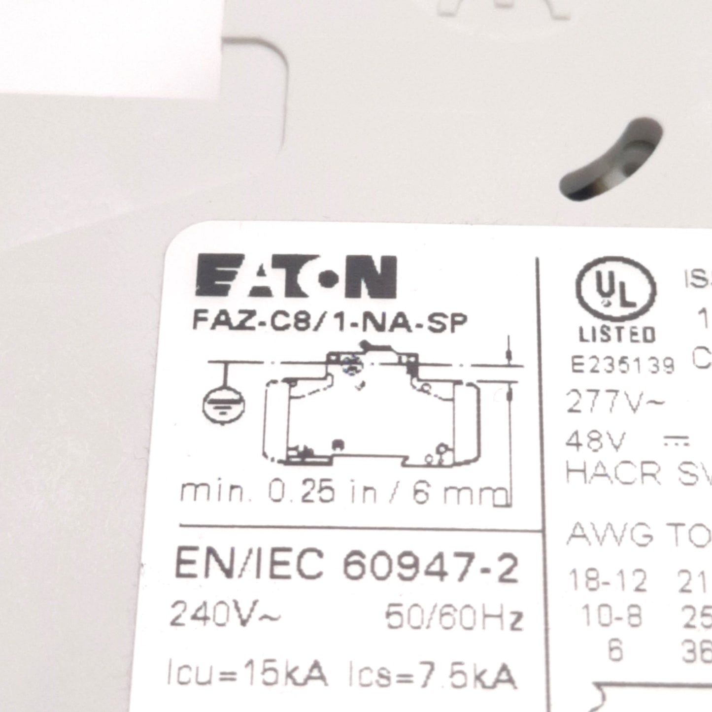 Used Eaton FAZ-C8/1-NA-SP Circuit Breaker 1 Pole, 277v AC 48v DC 8A, 10kA, DIN