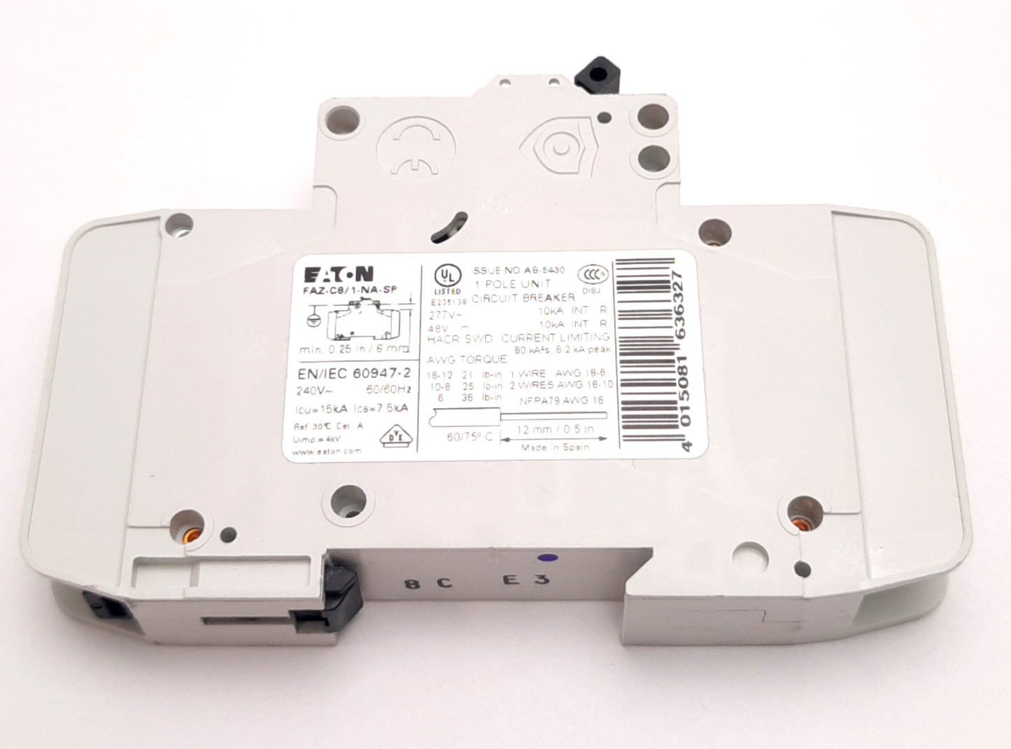 Used Eaton FAZ-C8/1-NA-SP Circuit Breaker 1 Pole, 277v AC 48v DC 8A, 10kA, DIN
