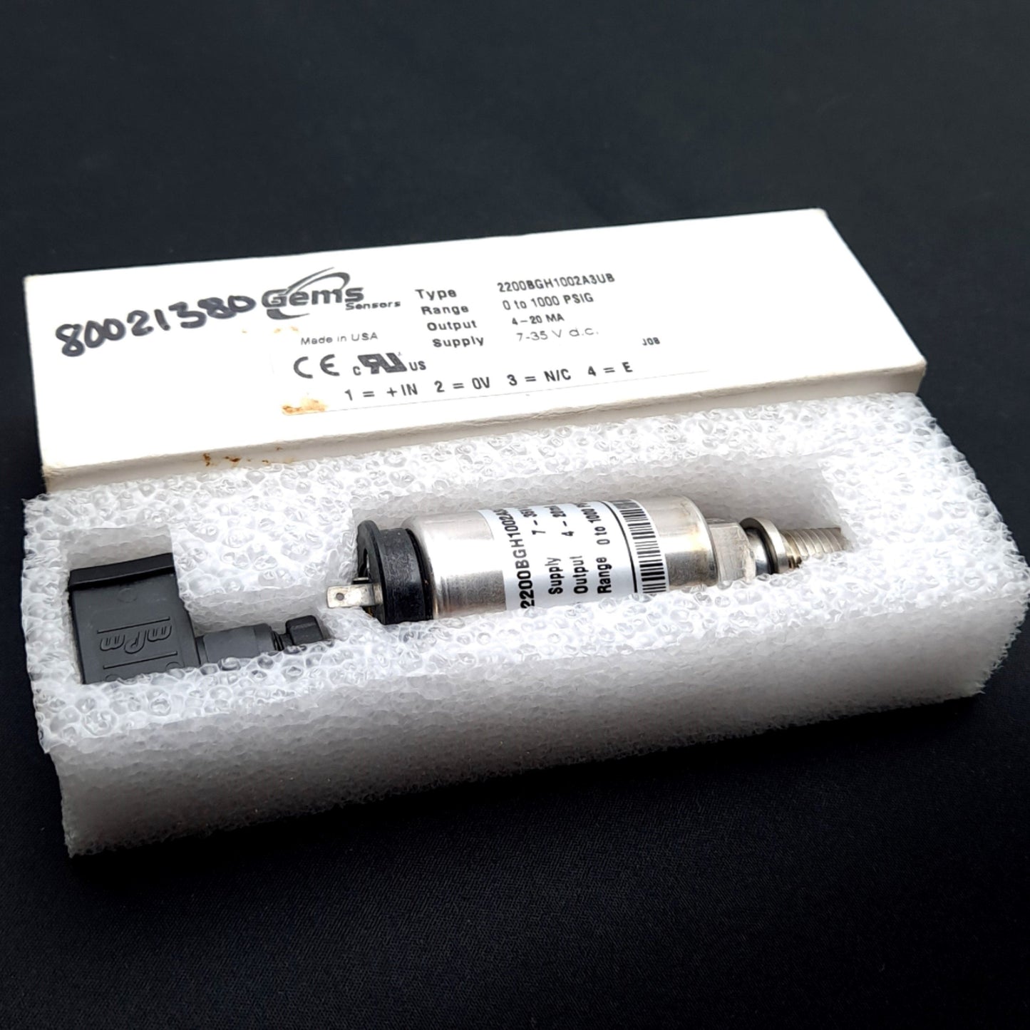 New Gems Sensors 2200BGH1002A3UB Pressure Transducer, 1/4" NPT, 0-1000Psi, 4-20mA