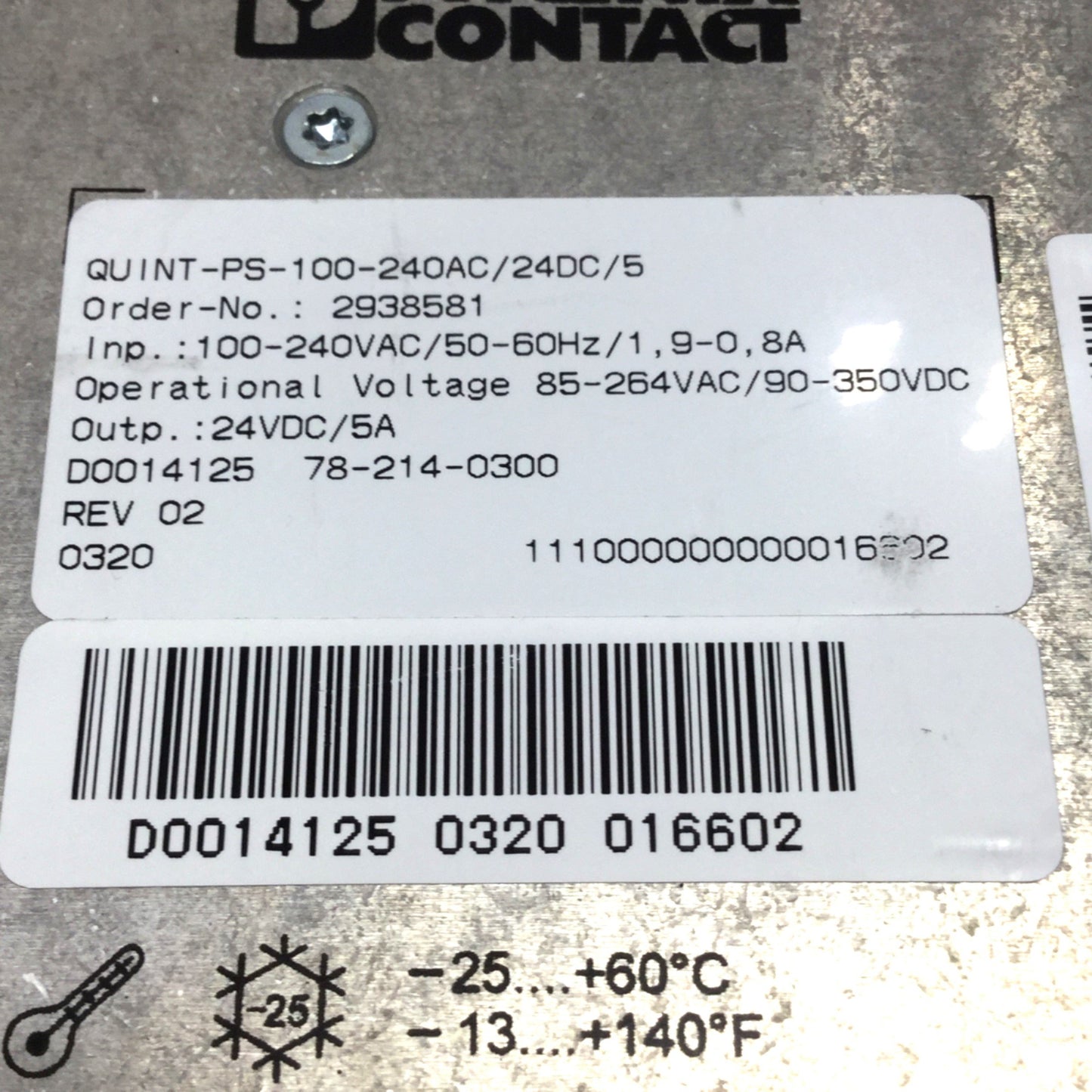 Used Phoenix QUINT-PS-100-240AC/24DC/5 Power Supply 100/240VAC In, 24VDC 5A Out 120W
