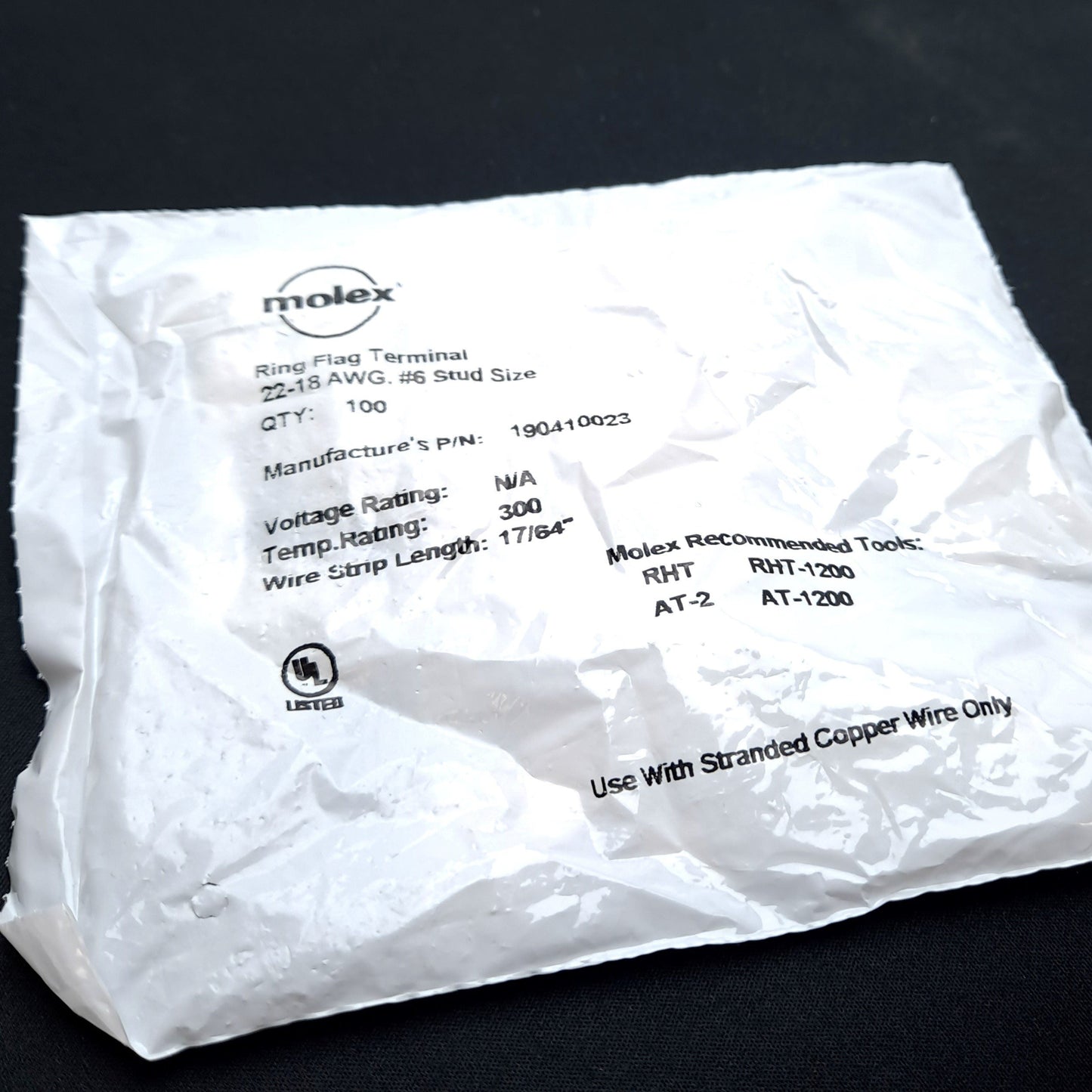 New Lot of 100 Molex 190410023 Ring Flag Terminal 22-18AWG #6 Stud Size 17/64"