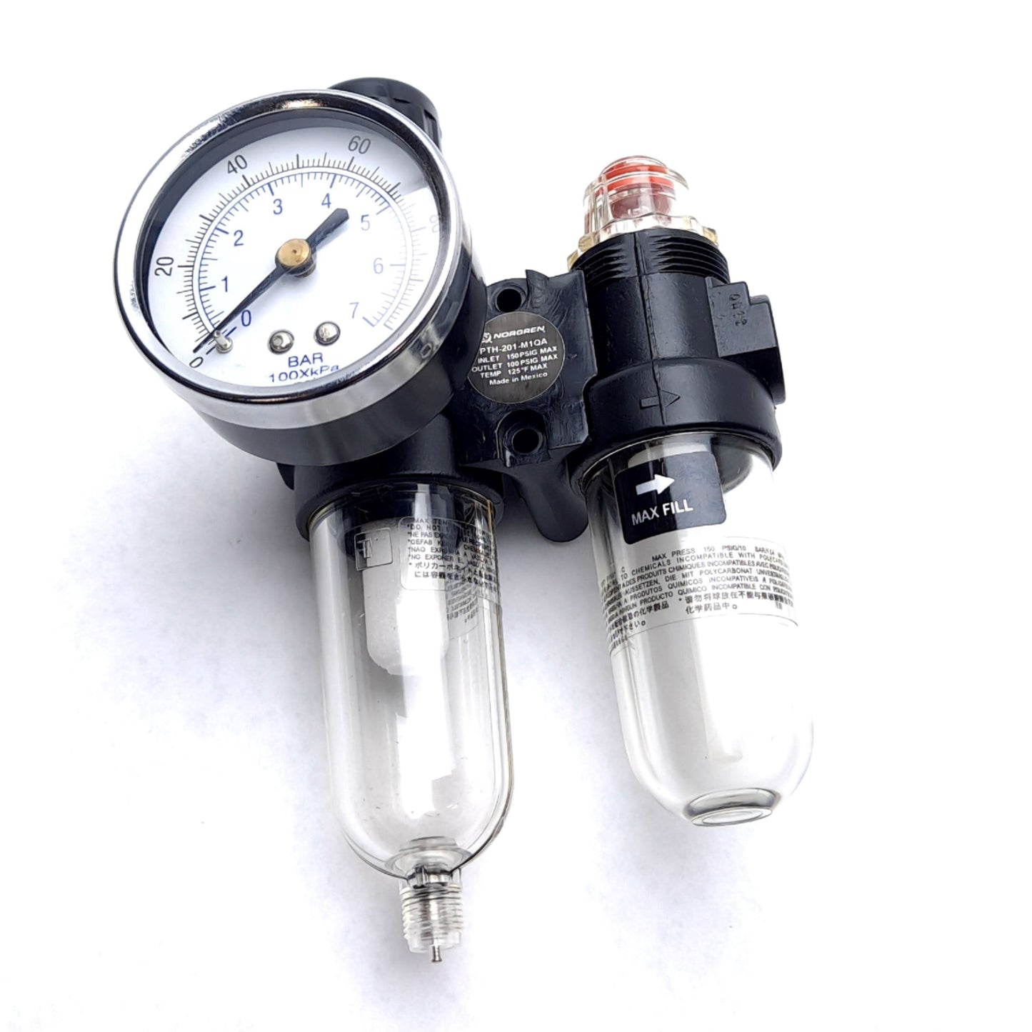 Used Norgren PTH-201-M1QA Filter/Regulator/Lubricator, With 0-100psi Gauge, 1/4" NPT