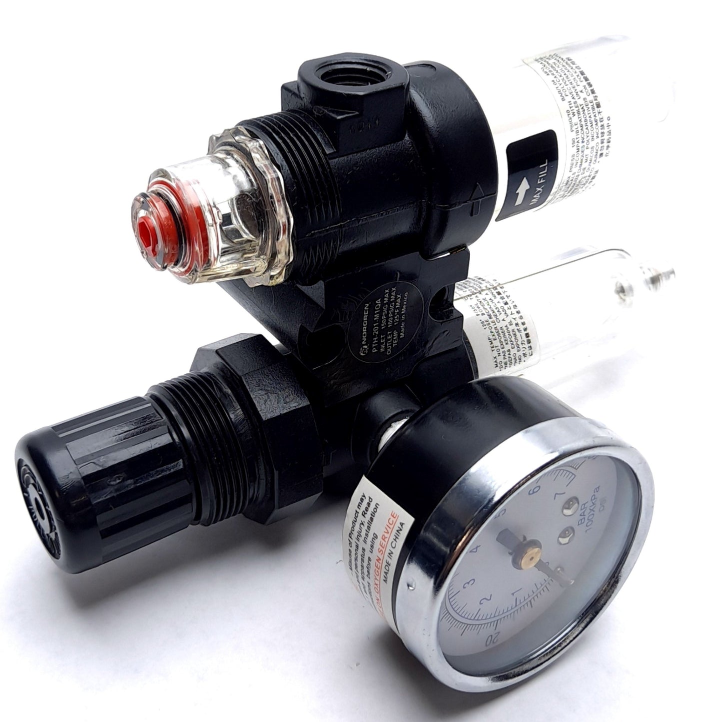 Used Norgren PTH-201-M1QA Filter/Regulator/Lubricator, With 0-100psi Gauge, 1/4" NPT