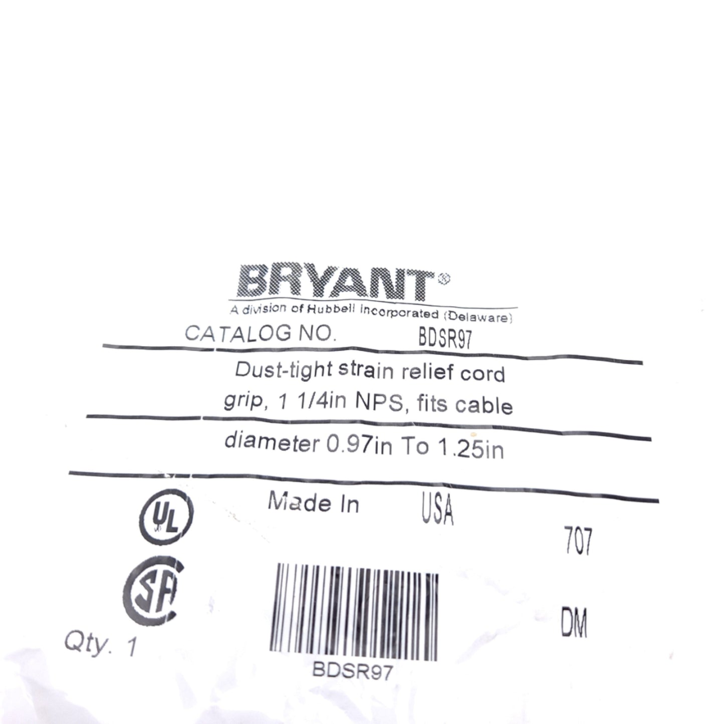 New Bryant BDSR97 Dust Tight Strain Relief, Fits 0.97-1.25", 1-1/4" NPS Male, 9" L