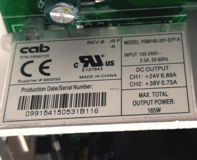 Used CAB PMS165-207-EFF-R Power Supply, 24/38V DC 165W Output, 100-240v In, For A4