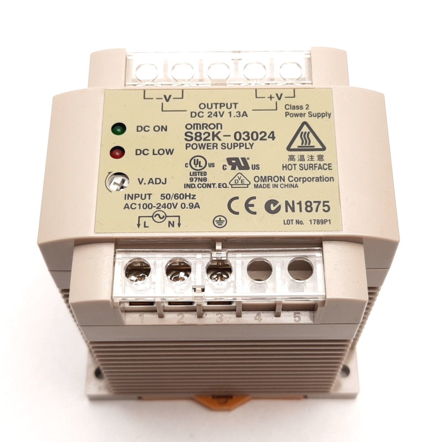 Used Omron S82K-03024 Power Supply, Input: 100-240VAC 0.9A, Output: 24VDC 1.3A