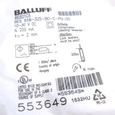 New Balluff BES 516-325-BO-C-PU-05 Proximity Sensor Cable 10-30vDC, M12x1 5m PNP