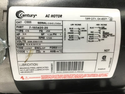 Used Century C666 7-165420-20 AC Fan/Blower Motor 3/4HP, 115/208-230V 60Hz, 1725RPM