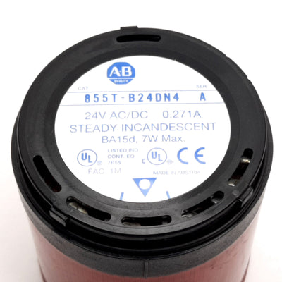 Used Allen Bradley 855T-B24DN4 Red Incandescent Stack Light Module, 24VAC/DC, 70mm