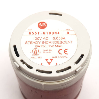 Used Allen Bradley 855T-G10DN4 Red Incandescent Stack Light Module, 120VAC, *No Bulb*