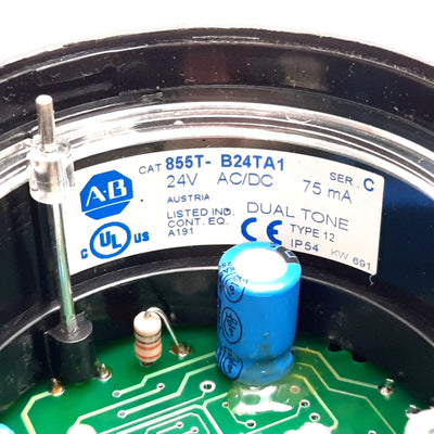 Used Allen Bradley 855T-B24TA1 Dual Tone Sound Module With 15 Sets, 24VAC/VDC 75mA