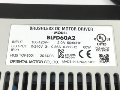 Used Oriental BLFD60A2 Vexta Brushless DC Motor Speed Controller Driver, 100-120VAC