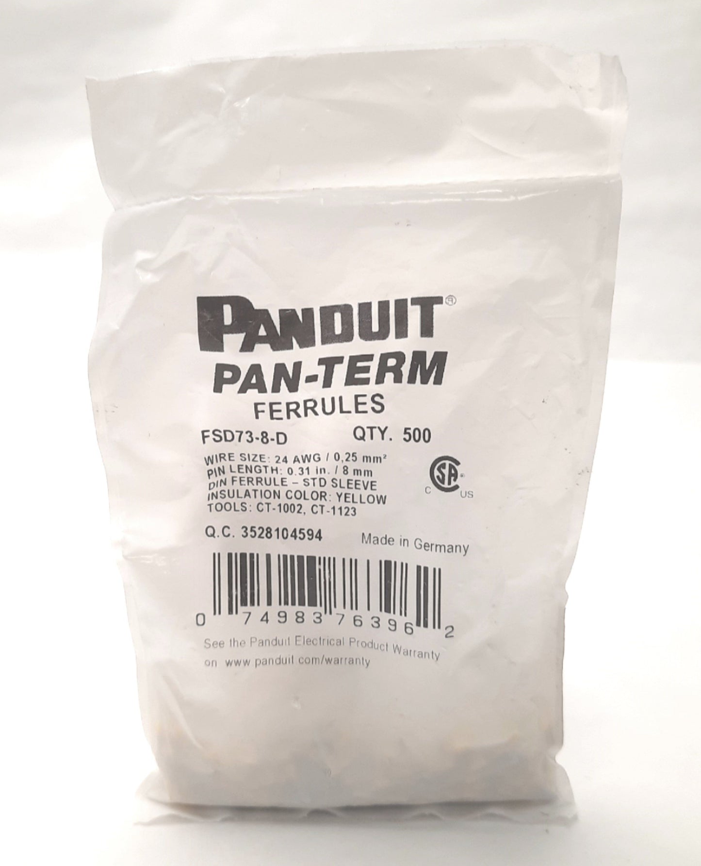 New Lot of 500 Panduit FSD73-8-D Pan-Term DIN Ferrules, 8mm, Yellow, 24AWG 0.25mm²