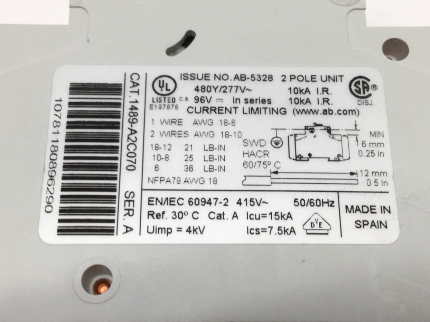 Used Allen-Bradley 1489-A2C070 Miniature Circuit Breaker, 7A, 2-Pole, 480Y/277VAC