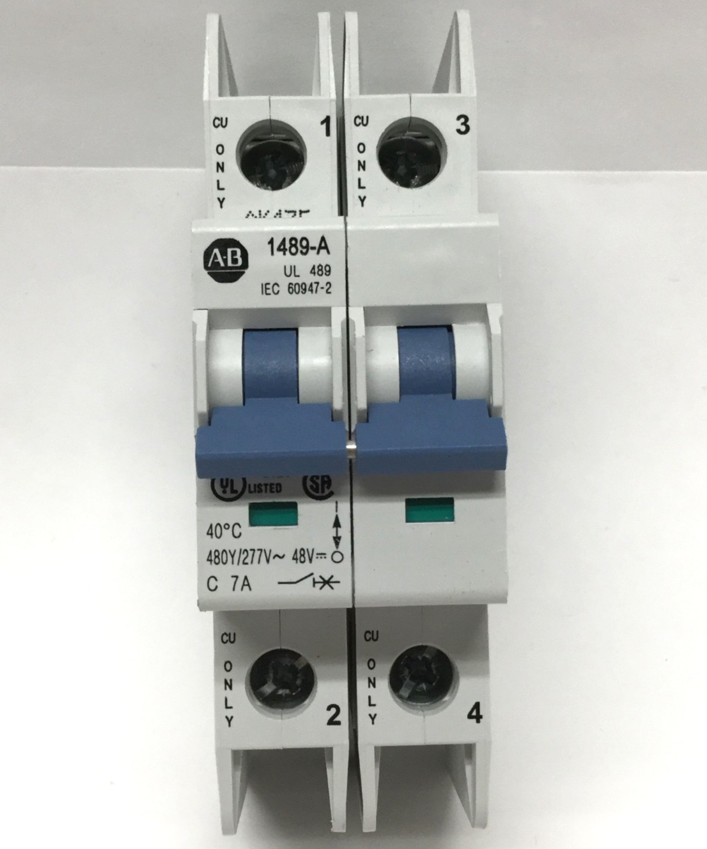 Used Allen-Bradley 1489-A2C070 Miniature Circuit Breaker, 7A, 2-Pole, 480Y/277VAC