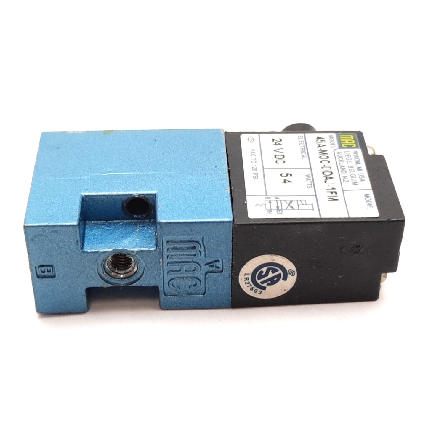 Used Mac 45A-M00-DDAJ-1FM Solenoid Valve, 2-Position 4-Port, 24VDC, Vacuum to 120psi
