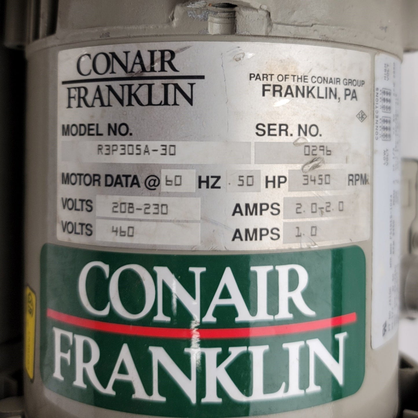 Used Conair Franklin R3P305A-30 Regenerative Blower 1/2HP 208-230/460VAC 3-Ph 3450RPM