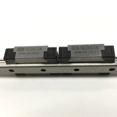 Used NB SEBS7A Linear Ball Bearing Slide Carriages (x2) on 100mm Guide Rail