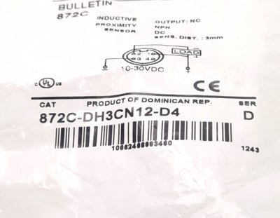 New Allen Bradley 872C-DH3CN12-D4 Proximity Sensor, 3mm Range, NC NPN, 10-30v DC