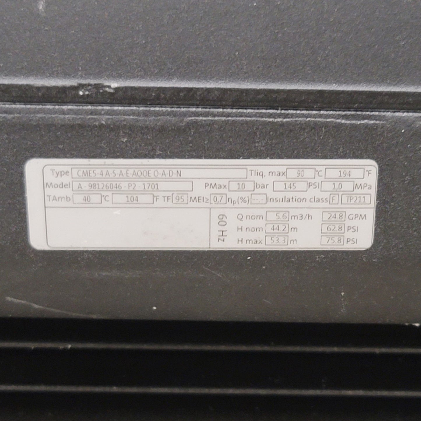 Used Grundfos CME5-4 A-S-A-E-AQQE Q-A-D-N Multi-Stage Pump 2HP 208/230VAC 3-Ph, 5m³/h