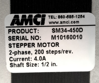 New AMCI SM34-450D Stepper Motor, 2-Phase, 200 Steps, 4.0A, 1/2" Shaft, NEMA34