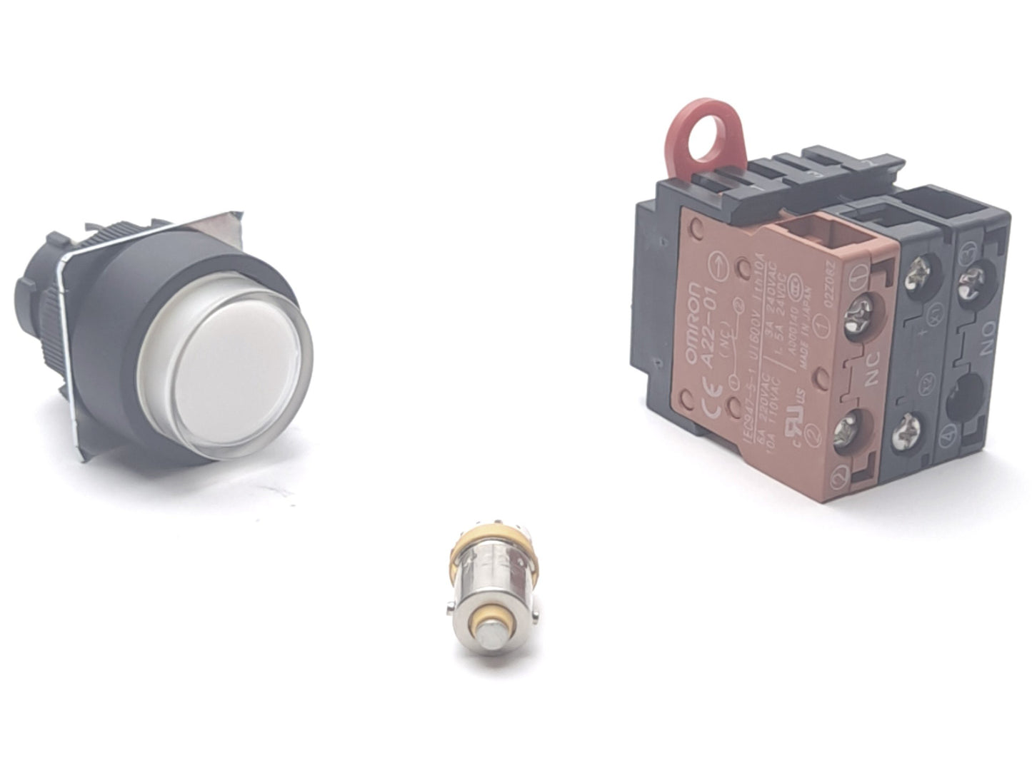New – Open box Omron A22L-TW-24A-11M Lighted Pushbutton Switch, 24VAC/VDC, SPST-NO/NC Contacts