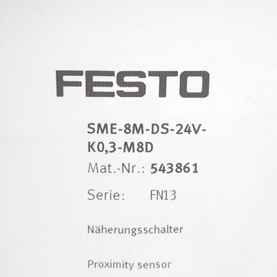 New Other Festo SME-8M-DS-24V-K0,3-M8D Proximity Sensor, 5-30VAC/DC, N.O. Contact