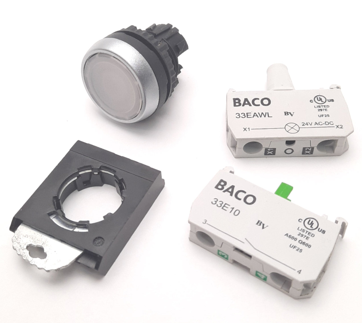 Used BACO L21AH50L Pushbutton With 33E10 NO Contact & 33EAWL 24v Light Block, White