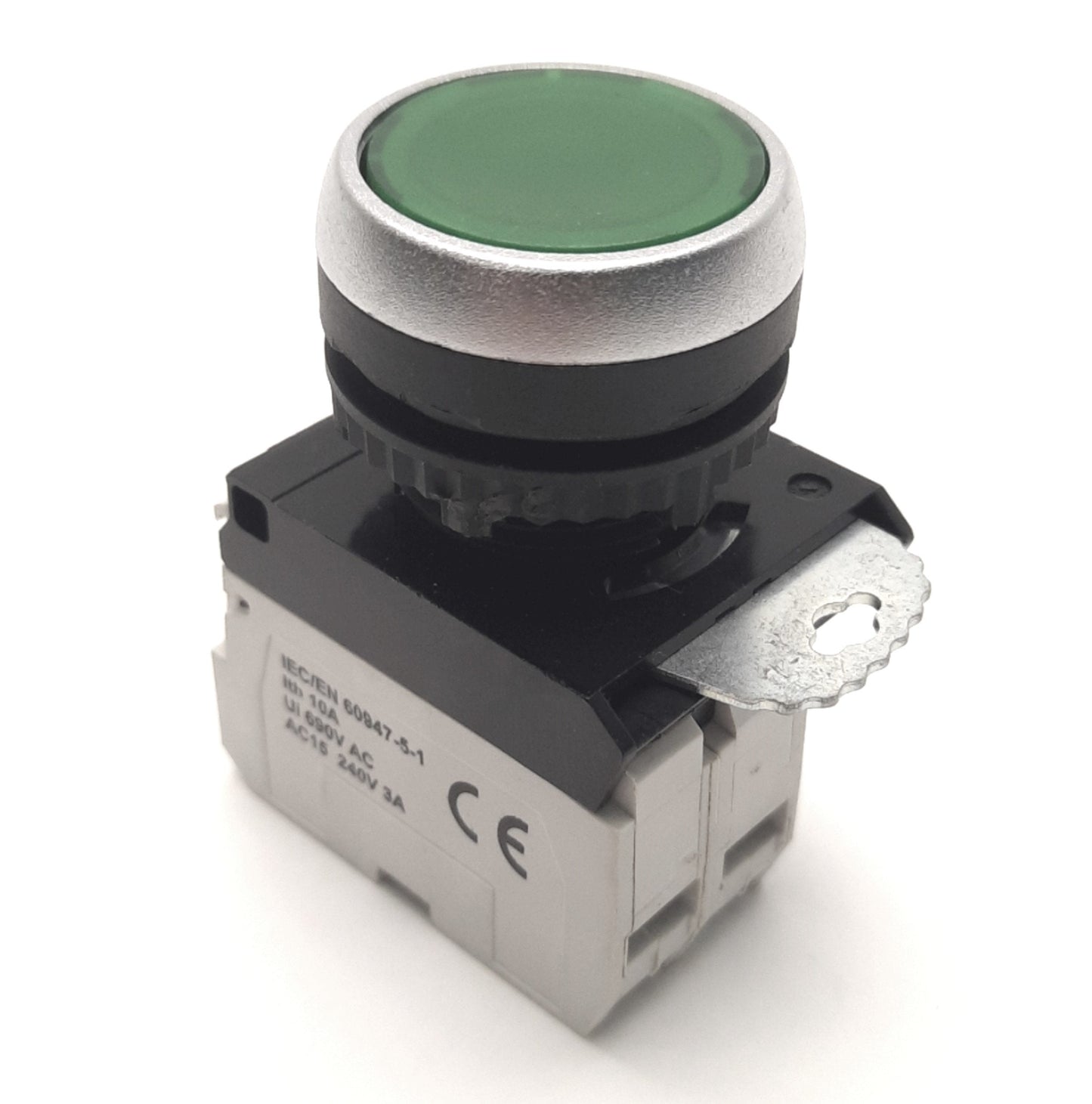 Used BACO L21AH20L Pushbutton With 33E10 NO Contact & 33EAGL 24v Light Block, Green