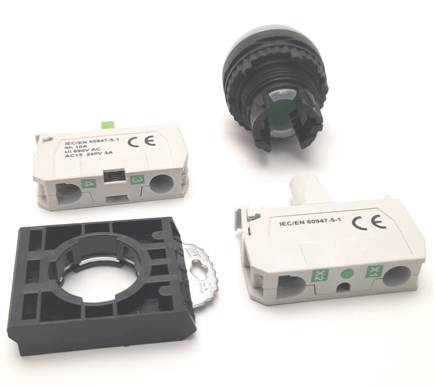 Used BACO L21AH20L Pushbutton With 33E10 NO Contact & 33EAGL 24v Light Block, Green