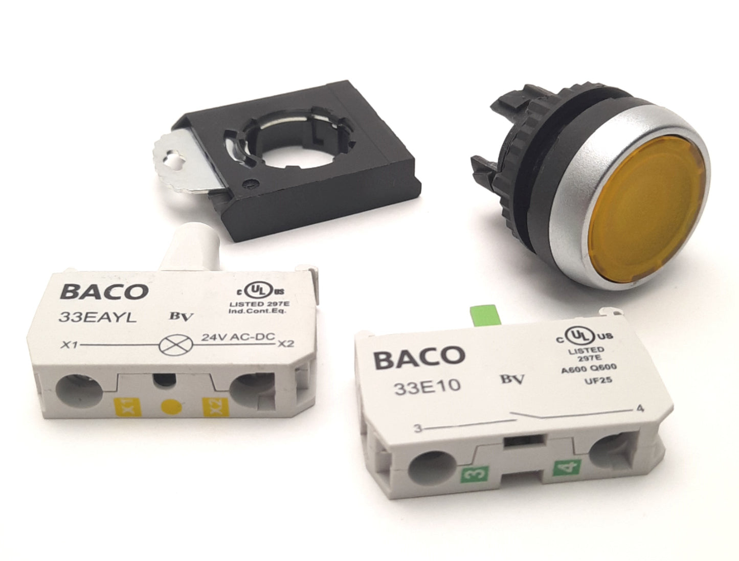Used BACO L21AH40 Pushbutton With 33E10 NO Contact & 33EAYL 24v Light Block, Yellow